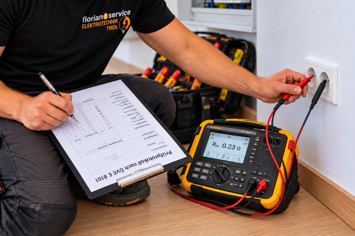 Elektroprüfung mit Messgerät an einer Steckdose